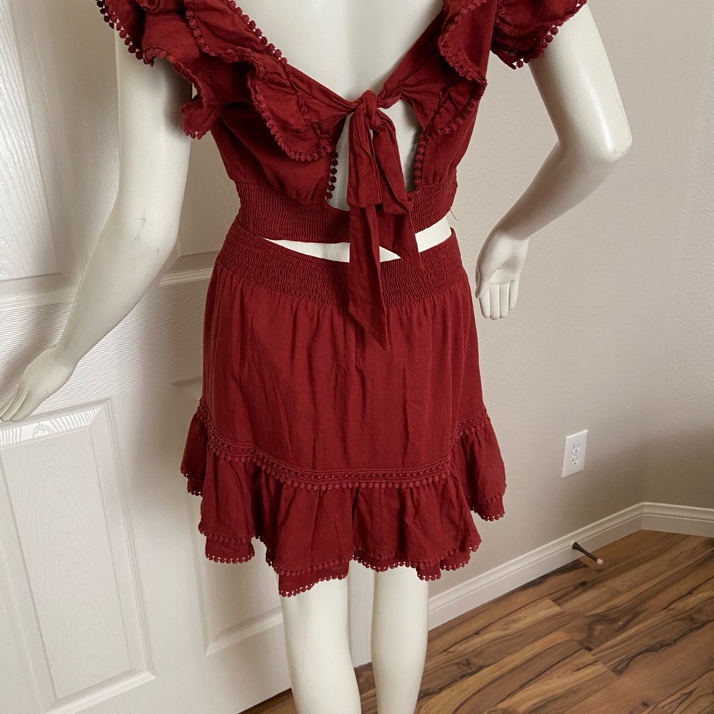 Express Rust Burgundy Linen Ruffle Top and Skirt Set Size Medium - Picture 6 of 11